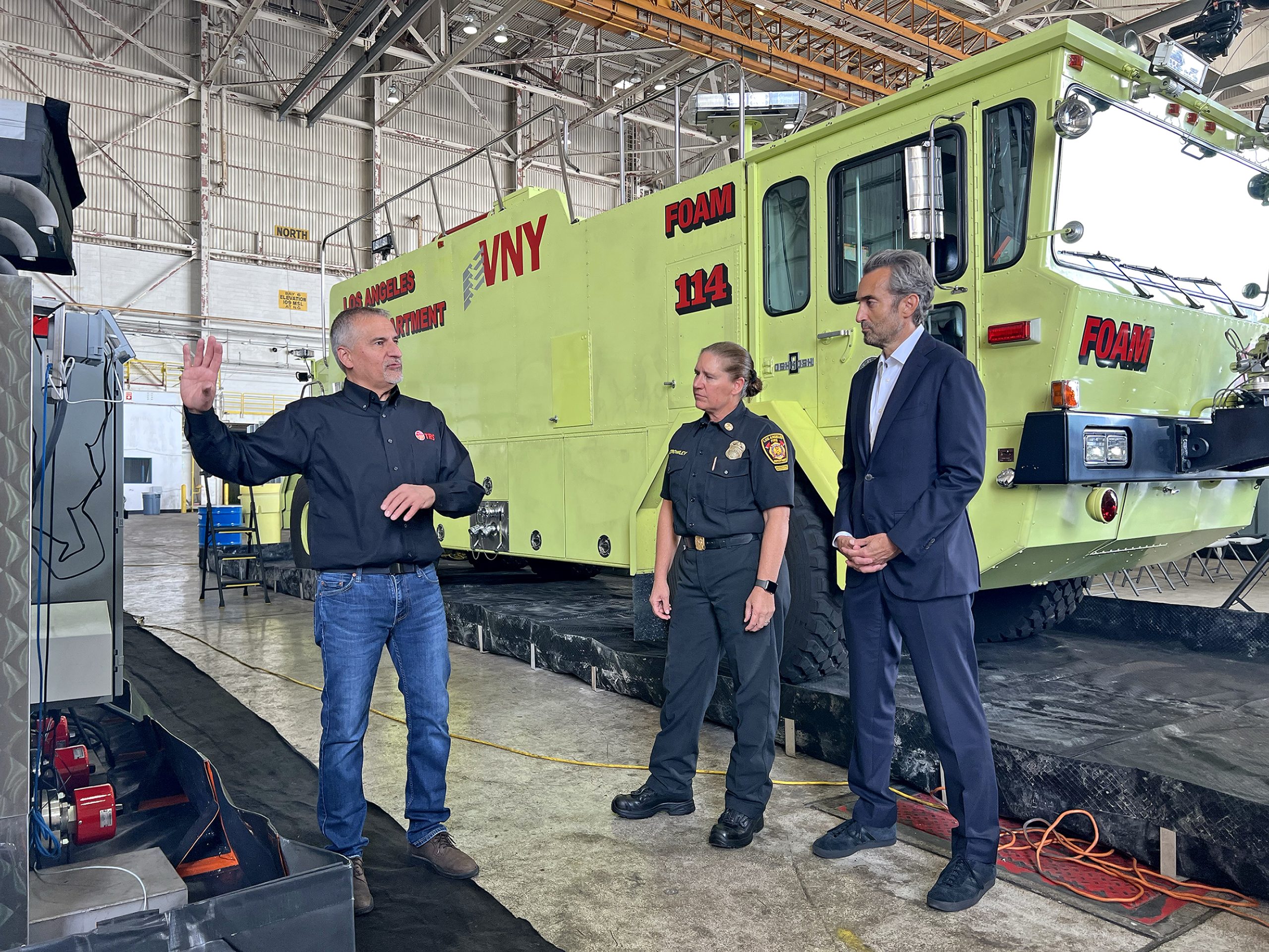 Greg Knight, PerfluorAd Operations Manager at TRS, leads John Ackerman, Chief Executive Officer at Los Angeles World Airports, and Los Angeles Fire Department Chief Kristin Crowley on a tour of TRS's AFFF cleanout during F3 transition project at Los Angeles International Airport. (Photo courtesy of LAWA)